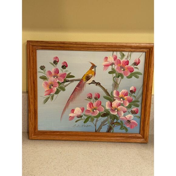 Beautiful Framed Painting of Birds and Flowers by C.K Chan 11x9 - Picture 1 of 5